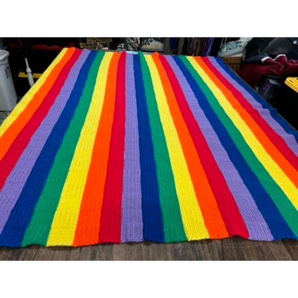 Beautiful Rainbow Colors Crochet Handmade Blanket 76L x 66W - Picture 1 of 5